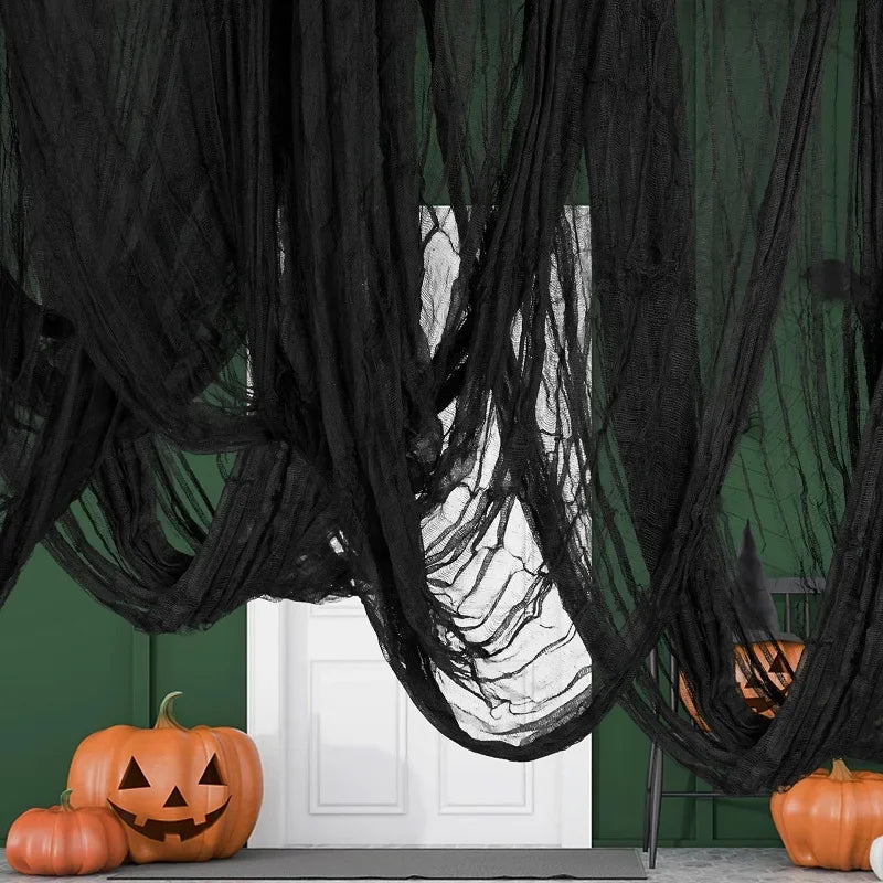 76 x 183 cm Halloween-Dekoration, schwarzer Gruselstoff aus Gaze für Fenster, Tisch und Tür, schaurige Netzdeko für Kostümpartys und Spukhaus-Wanddekoration