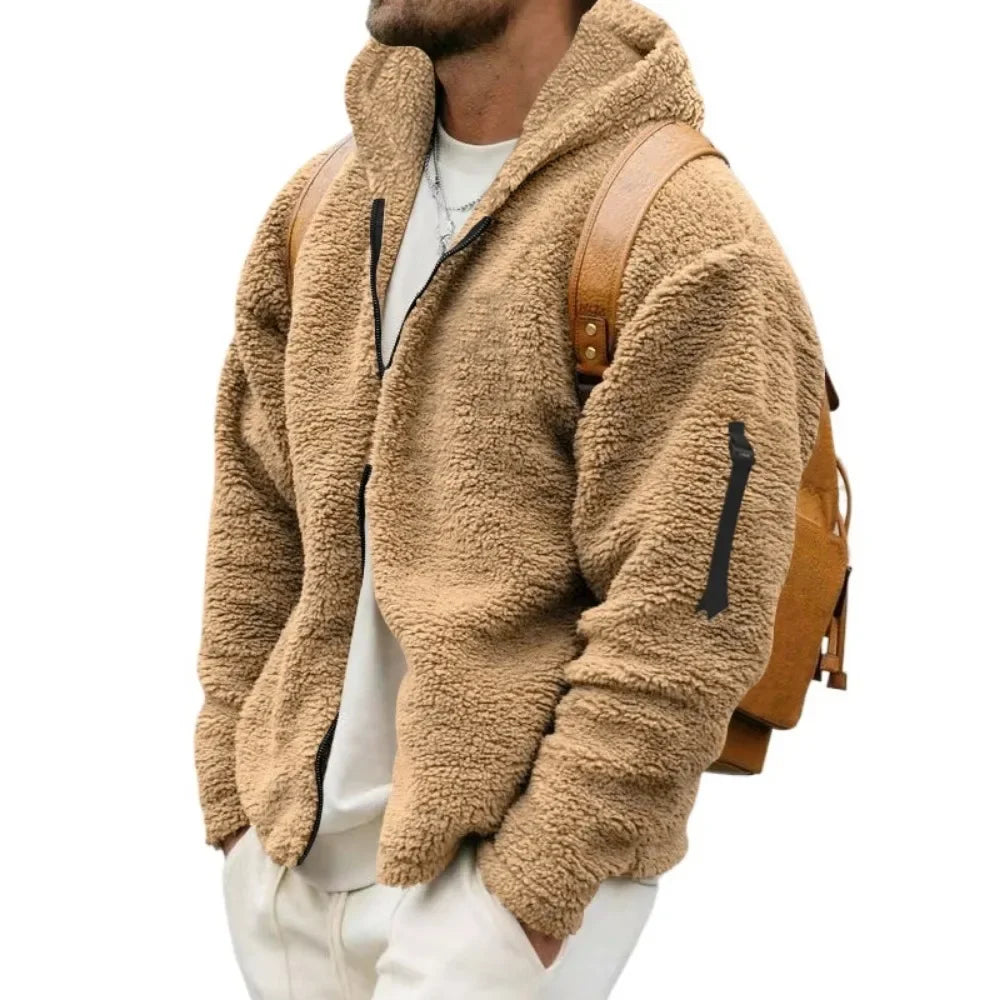 Men's Winter Velvet Fleece Zipper Jacket Casual Soft Skin Solid Warmth Streetwear Trendy Baggy Hooded Jacket Coats for Men