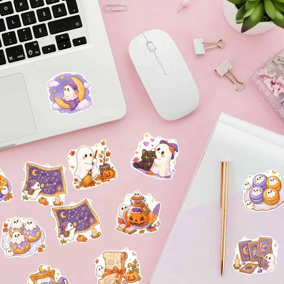 50Pcs Healing Pastel Halloween Stickers Cute Ghost Pumpkin Dessert Waterproof Vinyl Decals for Journal Laptop Phone Gift