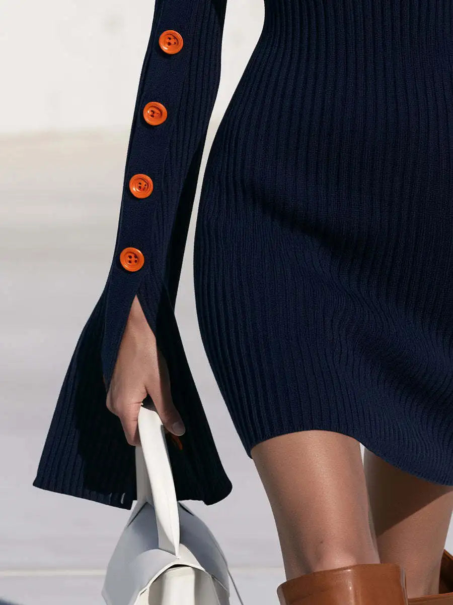 Women's Elegant Ribbed Knitted Tight Fitting Dress With High Neck Split Flared Sleeves Decorative Buttons Slim Fit Party Dress