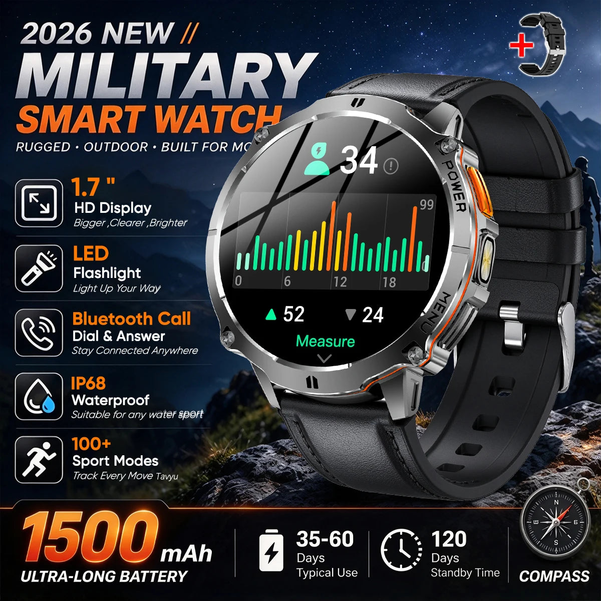 Military T-Rx6 Smartwatch,1.7'AMOLED Screen,150 Day Battery,IP68 Waterproof,Metal,120 Fitness Modes,Flashlight,For Men Women New