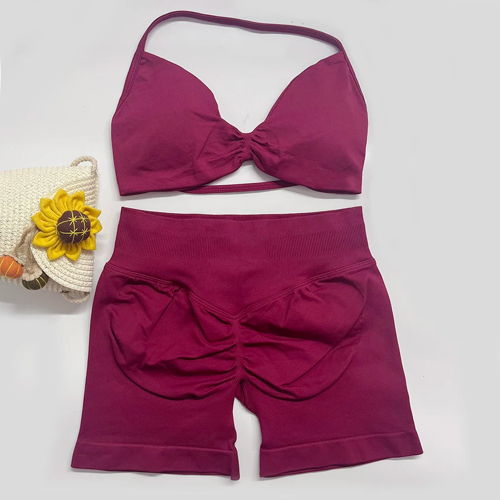 2PCS DF Gym Set Women Strappy Yoga Bra Top Sportswear Workout Scrunch Shorts Sports Suit Seamless Set Fitness Clothes