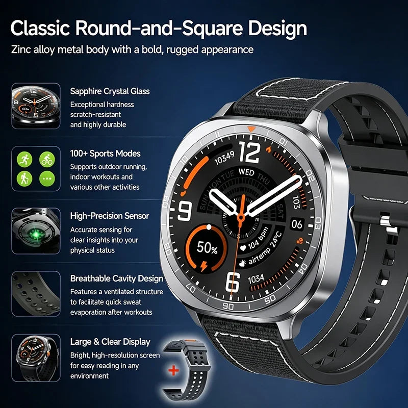 2026 W9 400mAh Men Smart Watch Multi Sport Modes Fitness Tracking Bluetooth Calling Large Battery SOS Outdoor Compass Smartwatch