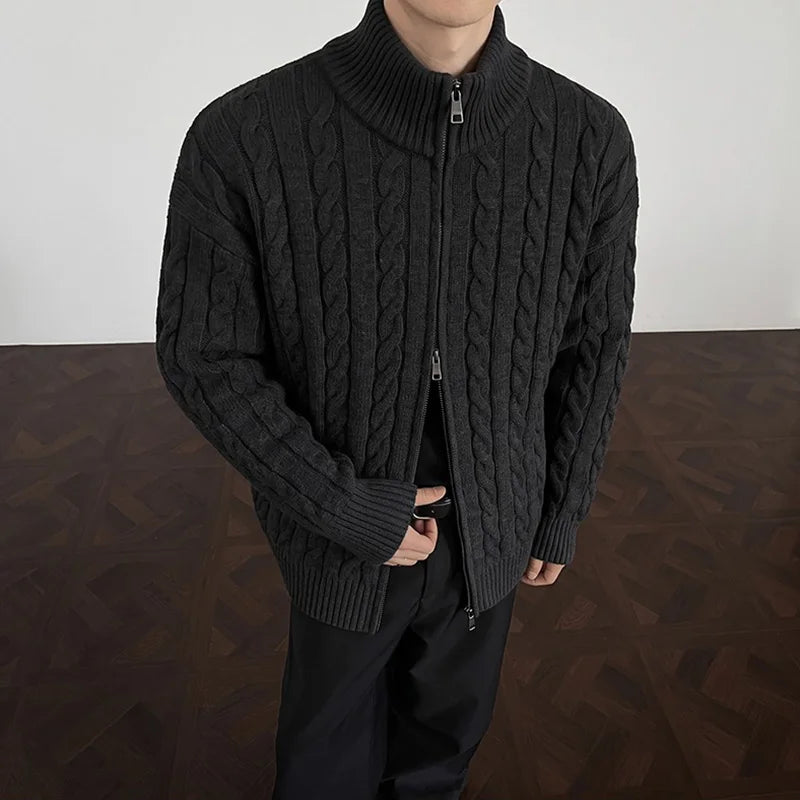 Autumn Winter Men Full Zip Knit Cardigan Slim Fit High Neck Knitted Sweater Solid Color Casual Streetwear Warm Fashion Knitwear