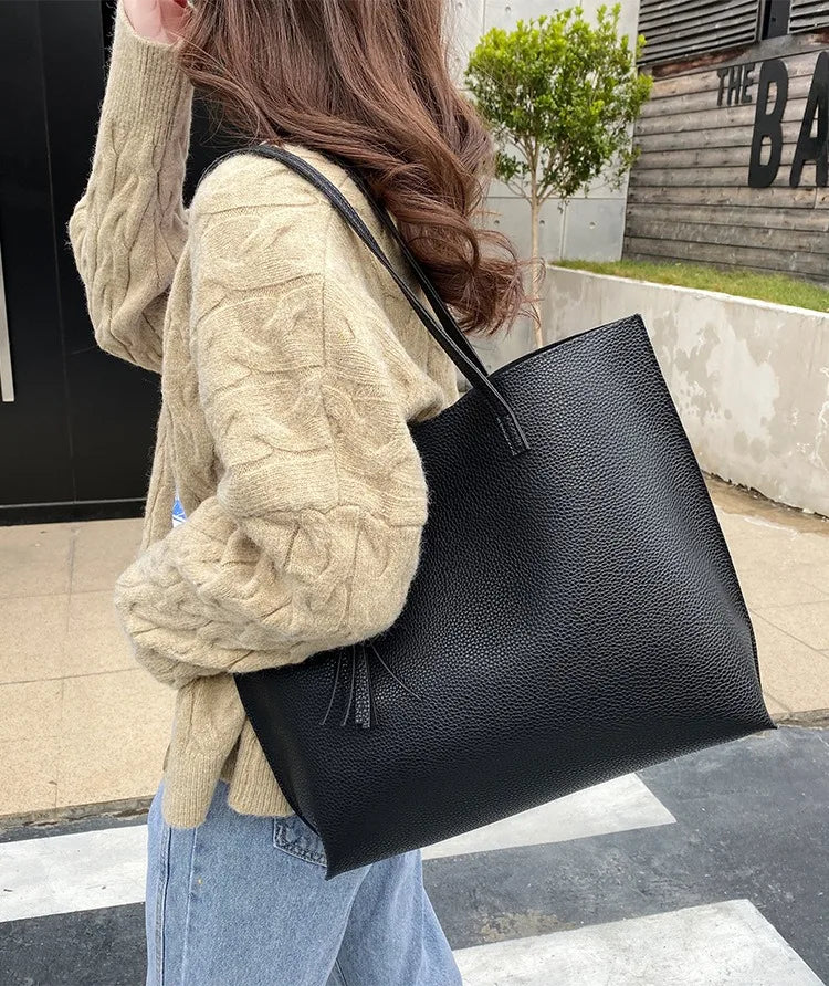 Big Black Shoulder Bags for Women Large Hobo Shopper Bag Solid Color Quality Soft Leather Crossbody Handbag Lady Travel Tote Bag