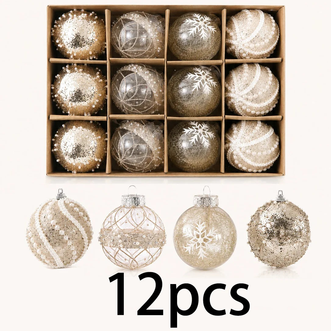 12Pcs 8cm Champagne Gold Clear Christmas Ball Ornaments 4 Styles Glitter Pearl Snowflake Shatterproof Xmas Tree Hanging Decor