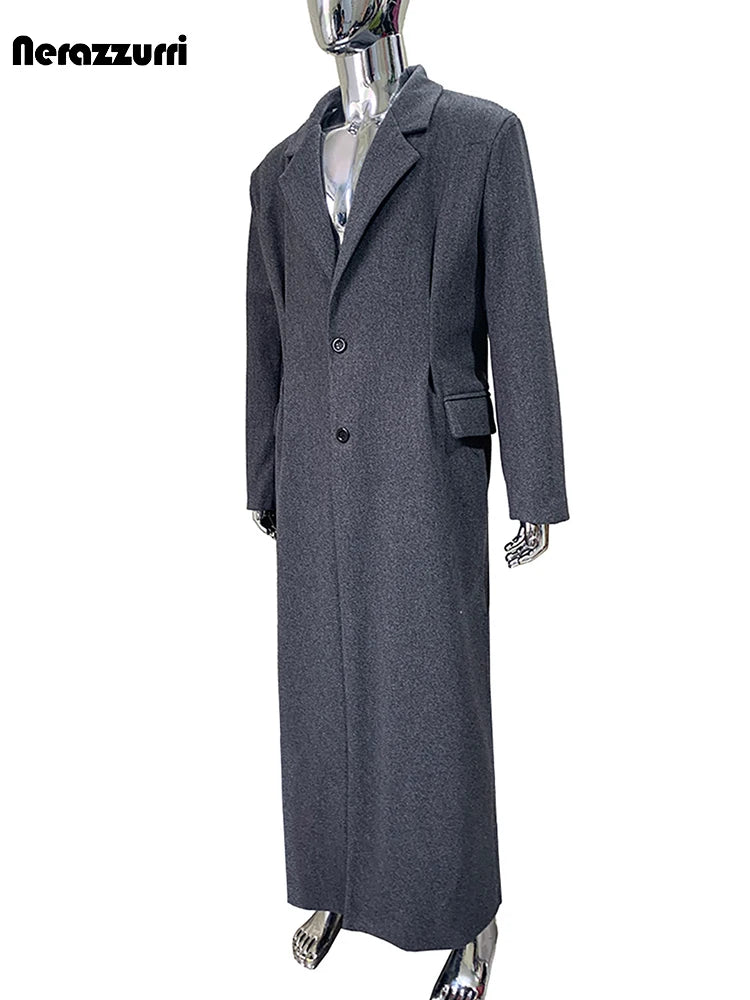 Nerazzurri Autumn Winter Extra Long Warm Fitted Grey Wool Blends Coat Men Luxury Floor Length Woolen Overcoat Menswear Clothes