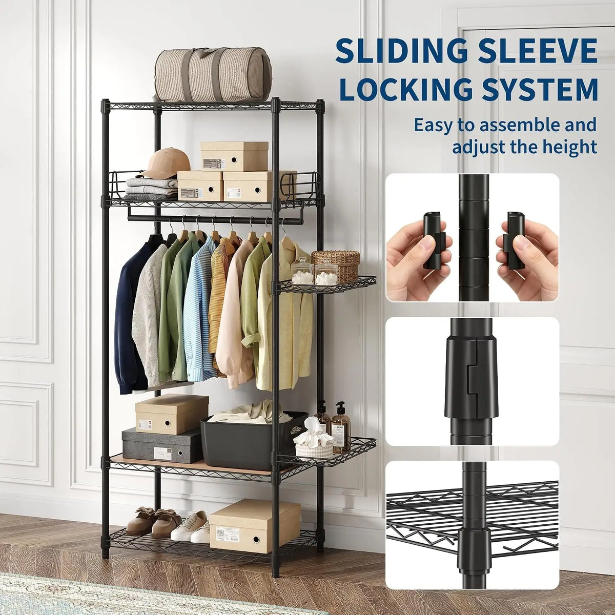 Perchero de metal resistente de 4 niveles con estantes ajustables y cestas laterales, organizador de armario con ruedas para vestidor, lavandería y dormitorio