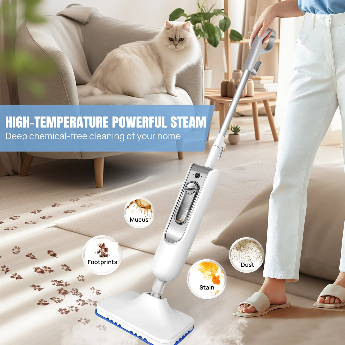 Mopa vaporizadora White Home 1500 W, vaporizador de suelos de 2 velocidades con mango extraíble para baldosas y madera