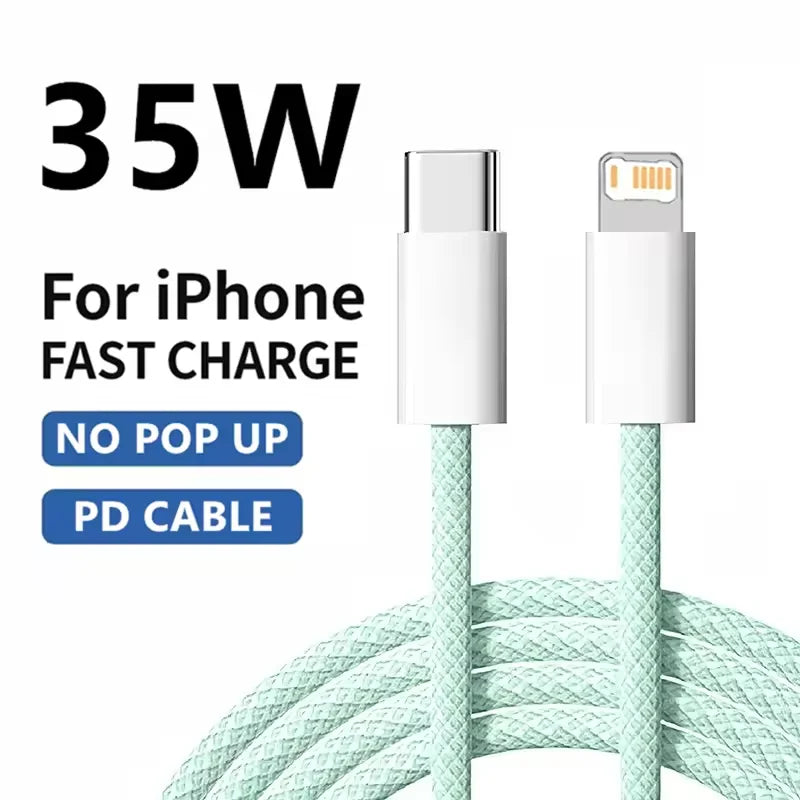 Cable trenzado PD de 1 m y 2 m, carga rápida de 35 W para iPhone 13, 14 Pro Max, 11, 12 mini, X, XR, XS Max, 7 y 8 Plus, cable USB-C para carga rápida y transferencia de datos