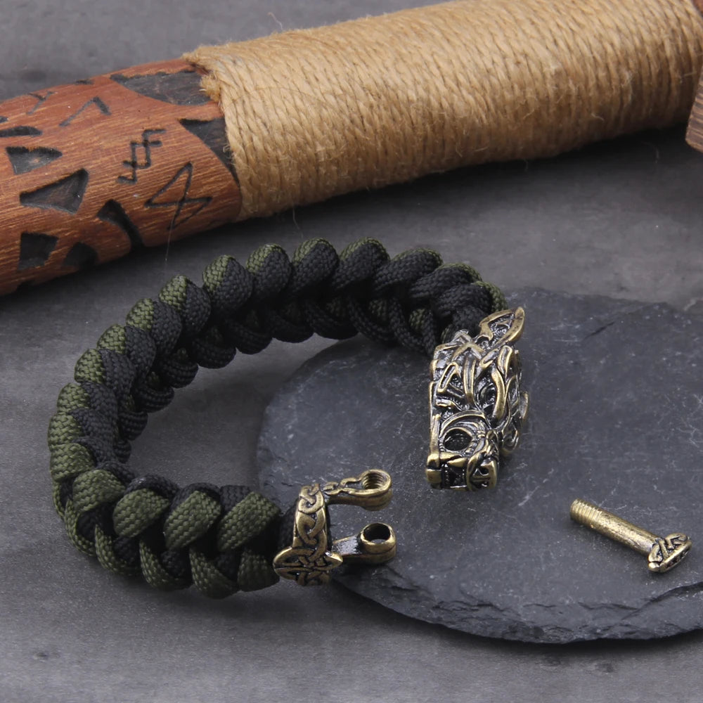 Bracelet Viking Loup Rock pour homme, cordon fait main avec perle tête de loup, bijoux punk et biker, ne ternit jamais