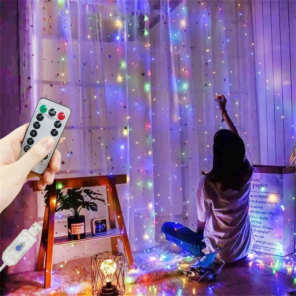 Cortina de luces USB - 8 modos de iluminación, cadena de luces LED tipo hada para decoración de Navidad, Halloween, Año Nuevo, bodas, hogar y jardín