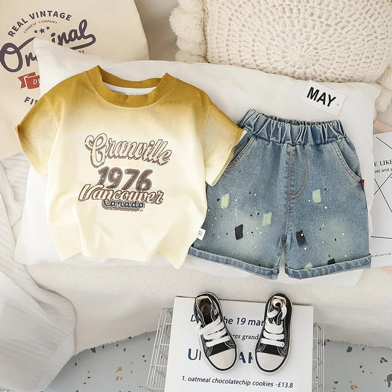 Conjunto de verano de camiseta con letras estampadas y pantalones cortos vaqueros para bebés y niños de 0 a 5 años, 2 piezas, para niño o niña
