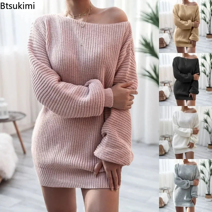 Abito al ginocchio donna con maniche lunghe e scollo asimmetrico — immagine 1