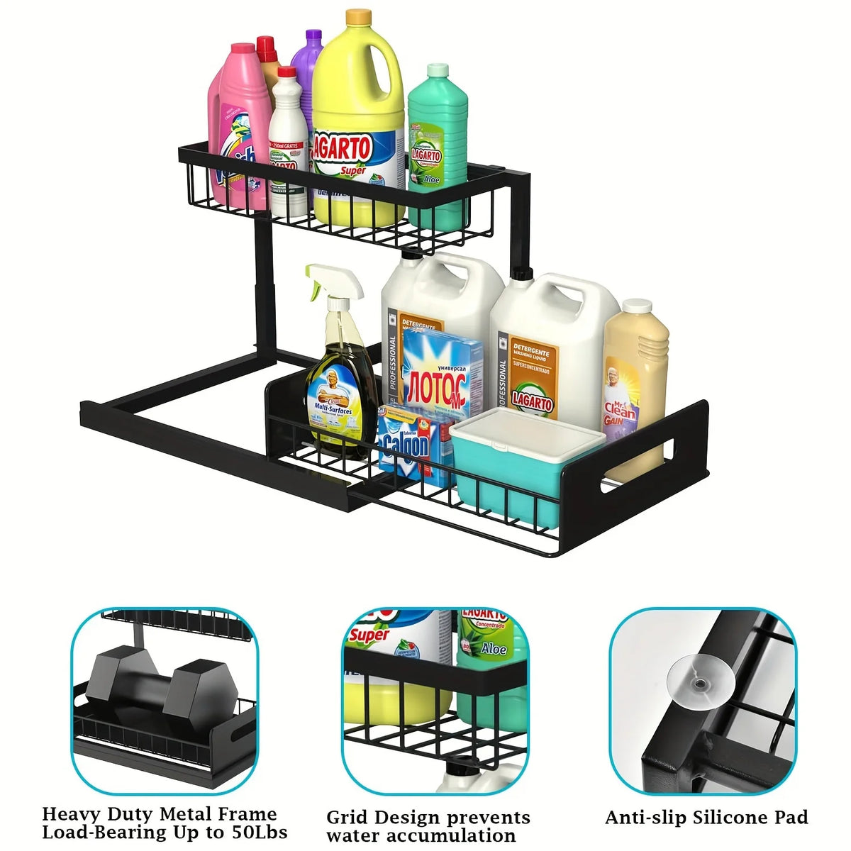 Organiseur sous évier, organiseur de placard coulissant à 2 niveaux, étagères de rangement coulissantes pour placard sous évier, rangement sous évier