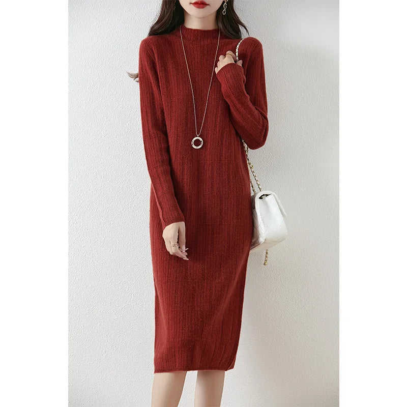 Women's knee-length wool dress with a mock neck
