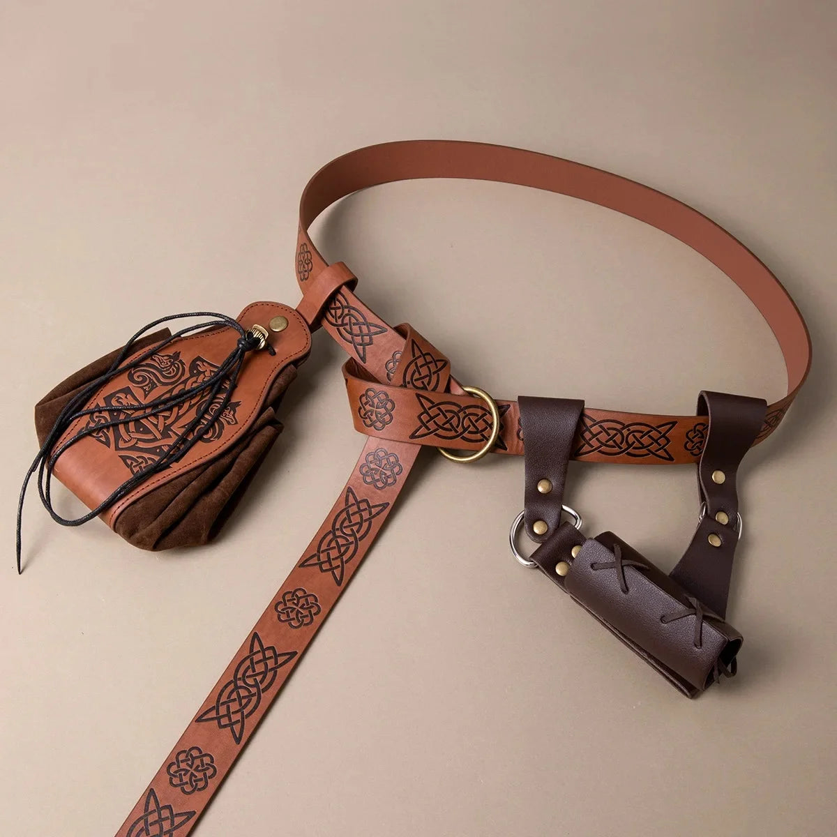 Medieval Leather Belt Set Pu Leather Belt Drawstring Coin Purse Vintage Sword Scabbard for Halloween Cosplay Renaissance Fairs