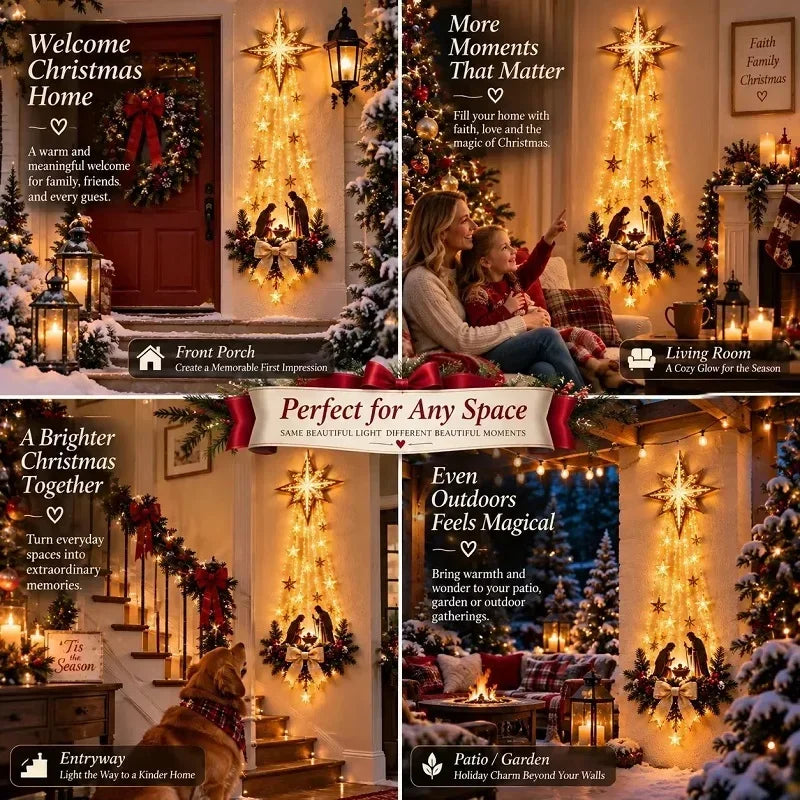 Decoración navideña de Belén* Estrella de la Fe* Adorno luminoso de nacimiento para pared Adorno colgante de Navidad resplandeciente Luces LED Decoración de interior Fiesta