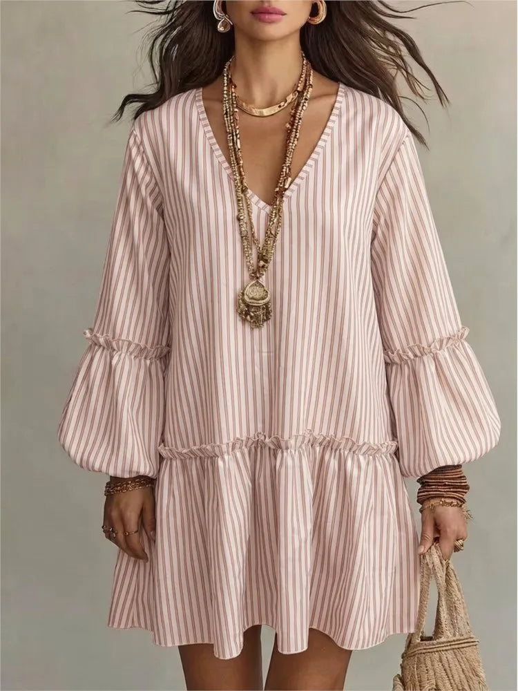 Abito mini a righe da donna con scollo a V