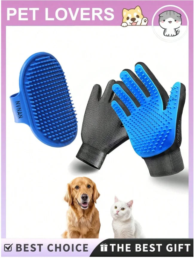 Pet Grooming Kit: Pet Hair Remover Glove + Bath Brush Set, Dog and Cat Massage Shower Brush, Pet Deshedding Glove for Dogs and Cats