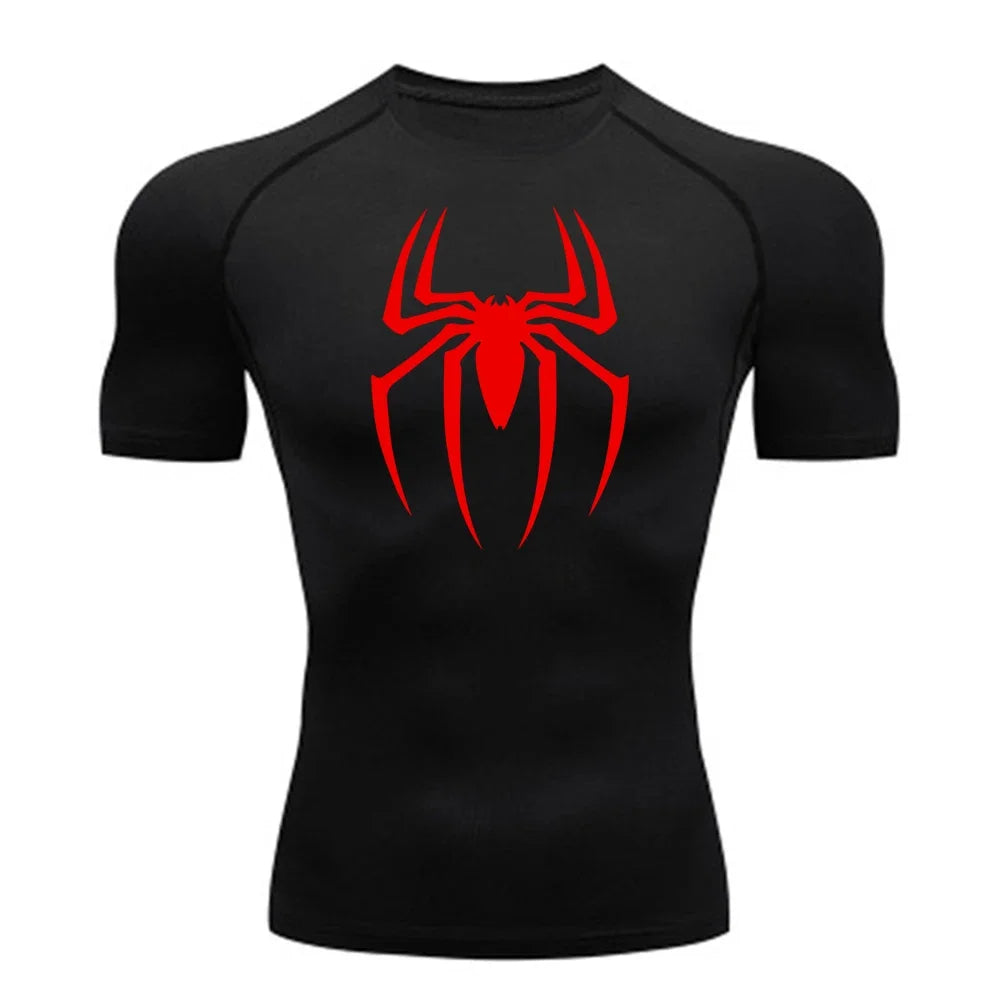 2023Men's Spider Print Compression Shirt, Quick Dry T-Shirt, Gym Running Jersey, Breathable Short Sleeve, Spring, Summer, S-3XL