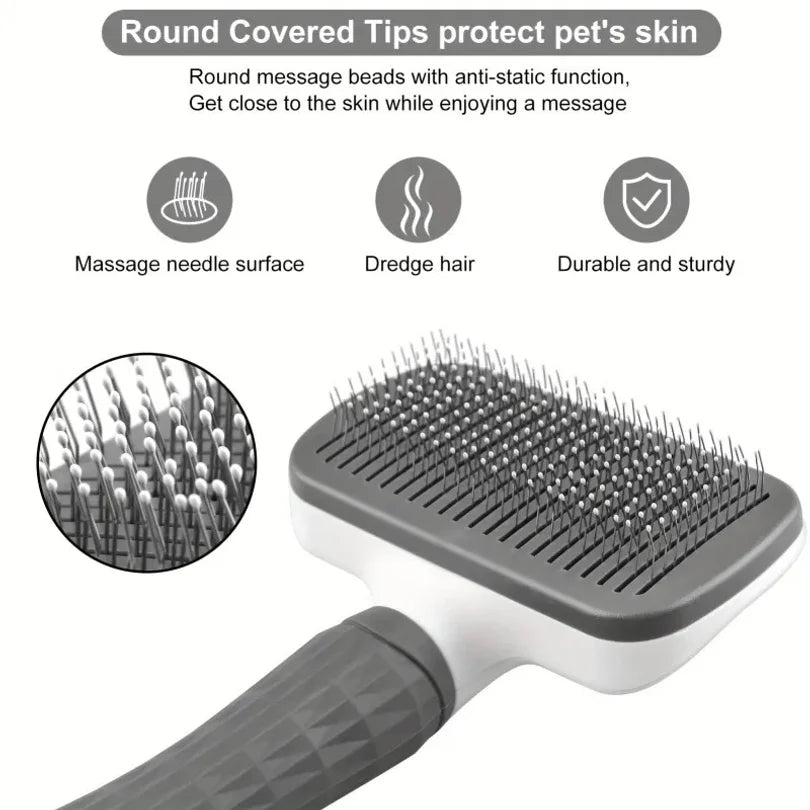 Pet Grooming Brush with One-Click Hair Removal, Bent-Needle Massage Comb for Dogs & Cats