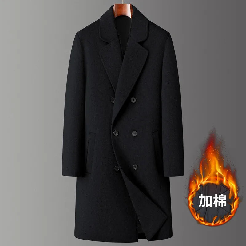 2024 Winter New Men's Medium to Long Woolen Coat with Thick Velvet and Warm Double Breasted Casual Coat