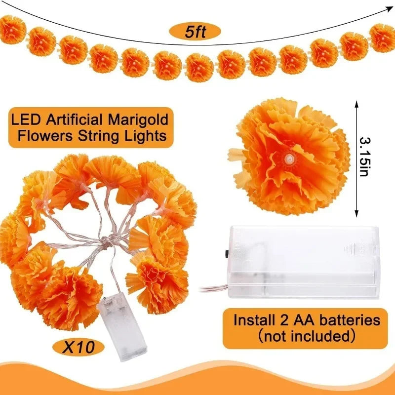 5 Ft LED Orange Marigold Garland Lights for Day of The Dead Halloween Diwali Christmas Party Home Decoration