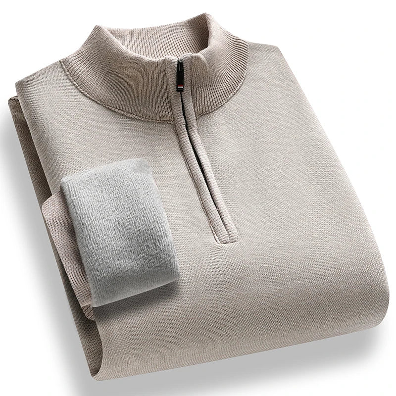 Men's Fleece Sweater Solid Color Mock Neck Slim Fit Warm Thicken Knitted Pullovers Solid Color Casual Business Knitwear