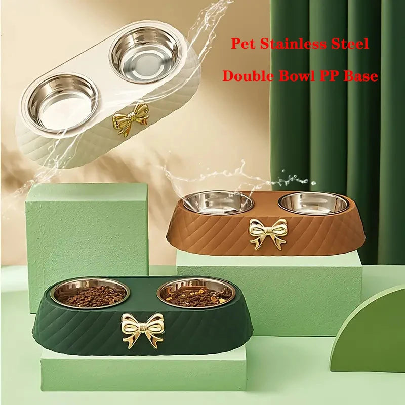 Gamelle double pour animaux de compagnie en acier inoxydable avec socle en polypropylène et nœud papillon pour chats et chiens, accessoires d'alimentation et d'abreuvement