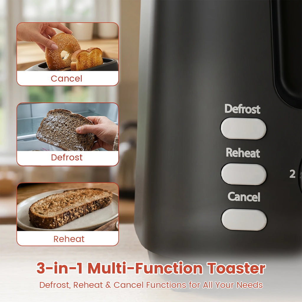 Tostadora SUPERLEX de 2 rebanadas con ranuras anchas, 6 modos, funcionamiento automático y 3 botones, pequeña, de acero inoxidable, para pan