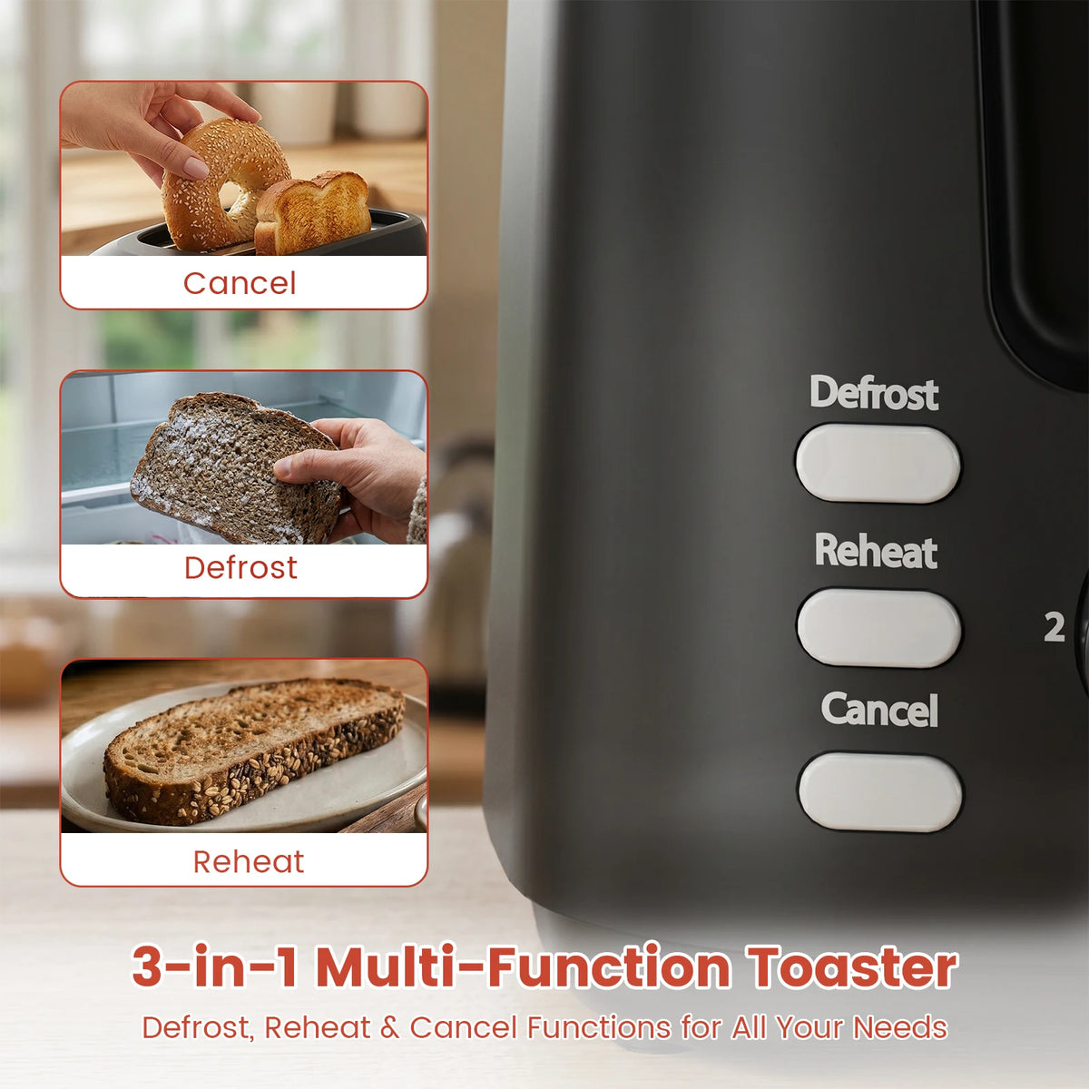 Tostadora SUPERLEX de 2 rebanadas con ranuras anchas, 6 modos, funcionamiento automático y 3 botones, pequeña, de acero inoxidable, para pan