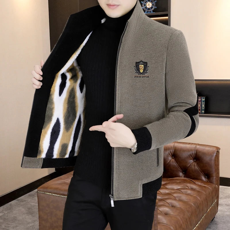 Winter Men's Woolen Jacket Splicing Stand Up Collar Wool Blends Coats Thick Warm Casual Business Social Windbreaker Overcoat