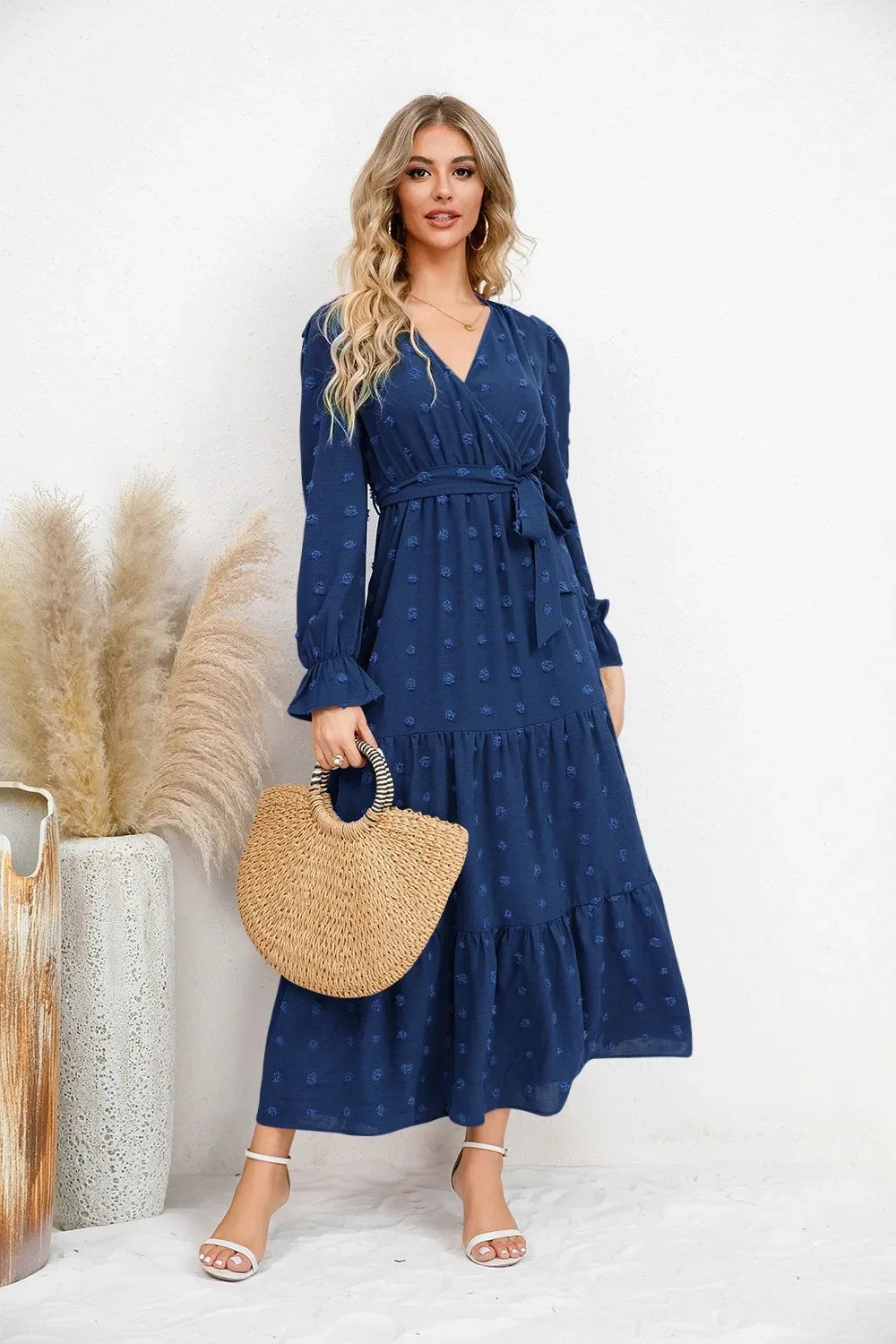 Abito lungo da donna con scollo a V e maniche lunghe