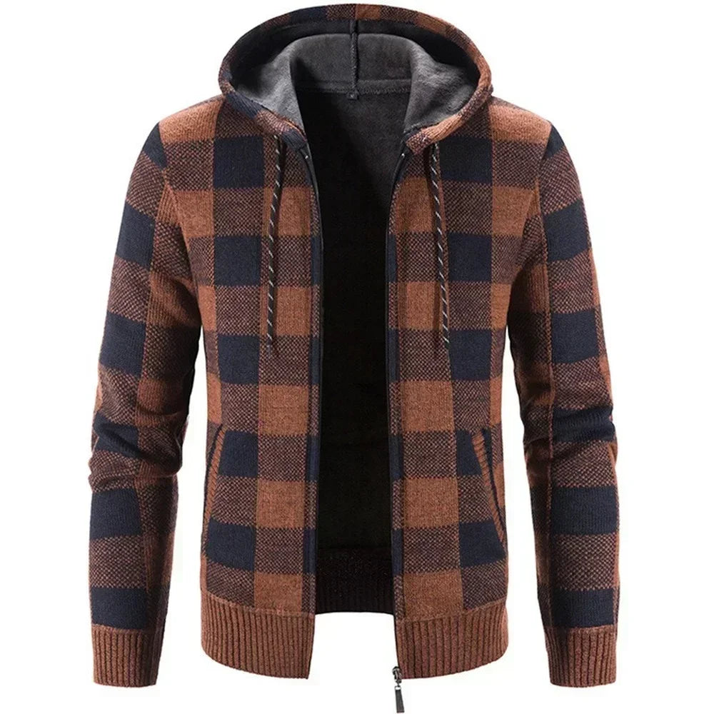 Men's Autumn Winter New Hooded Plaid Printed Long Sleeve Sweater Casual Zipper Cardigan Coat Plush Large FleeceThick Coat