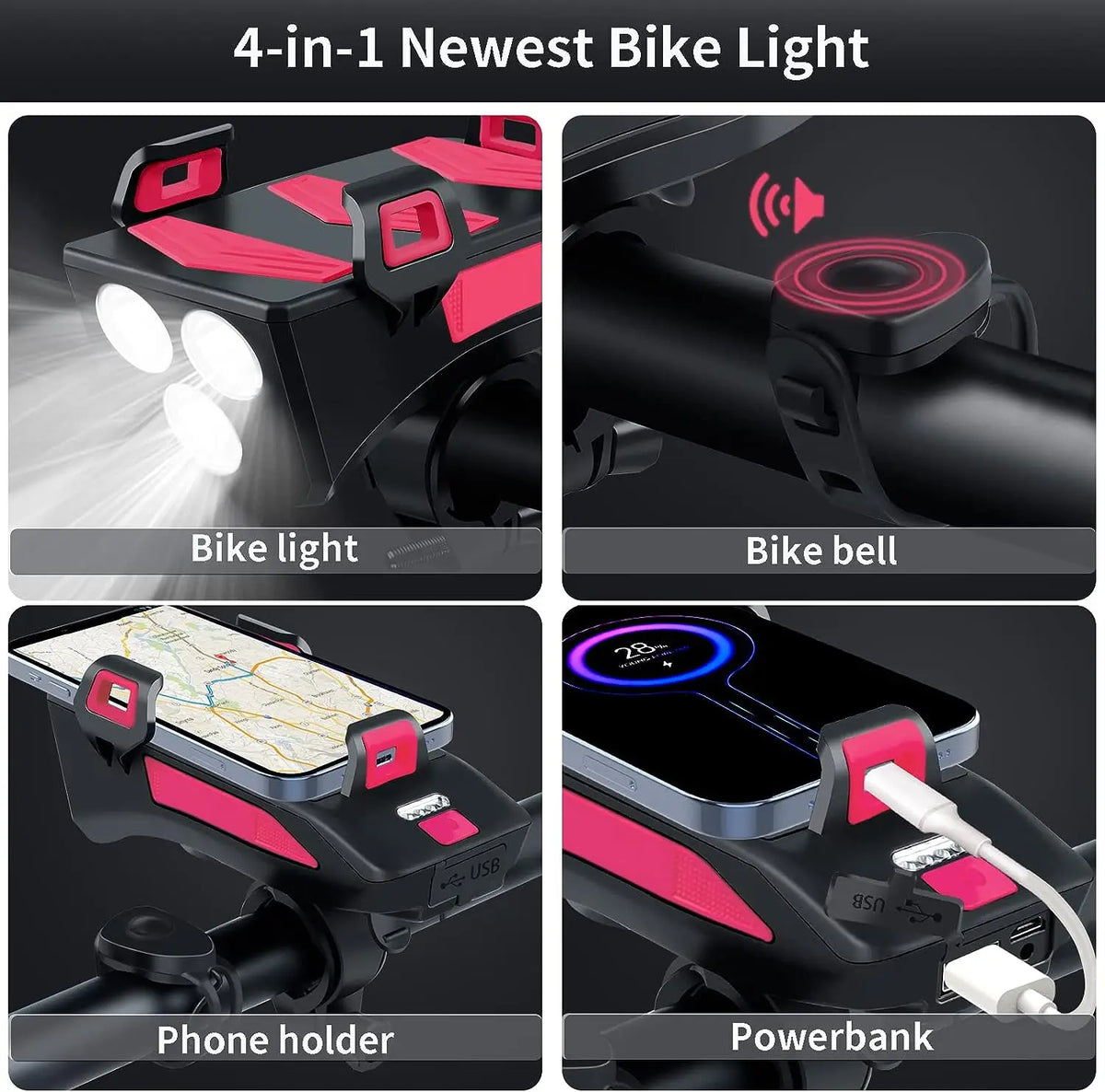 Luz para bicicleta, faro delantero recargable por USB con 3 LED y luz trasera LED, con batería externa, bocina y soporte para teléfono, adecuada para todo tipo de ciclismo, en carretera y montaña.