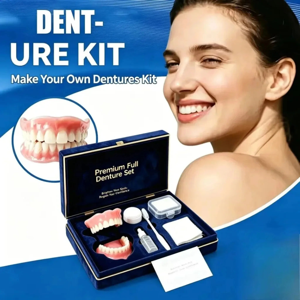 Kit de prothèse dentaire complète en silicone, dents artificielles supérieures et inférieures effet naturel, ajustement confortable, avec coffret cadeau et kit complet de soins dentaires et de nettoyage