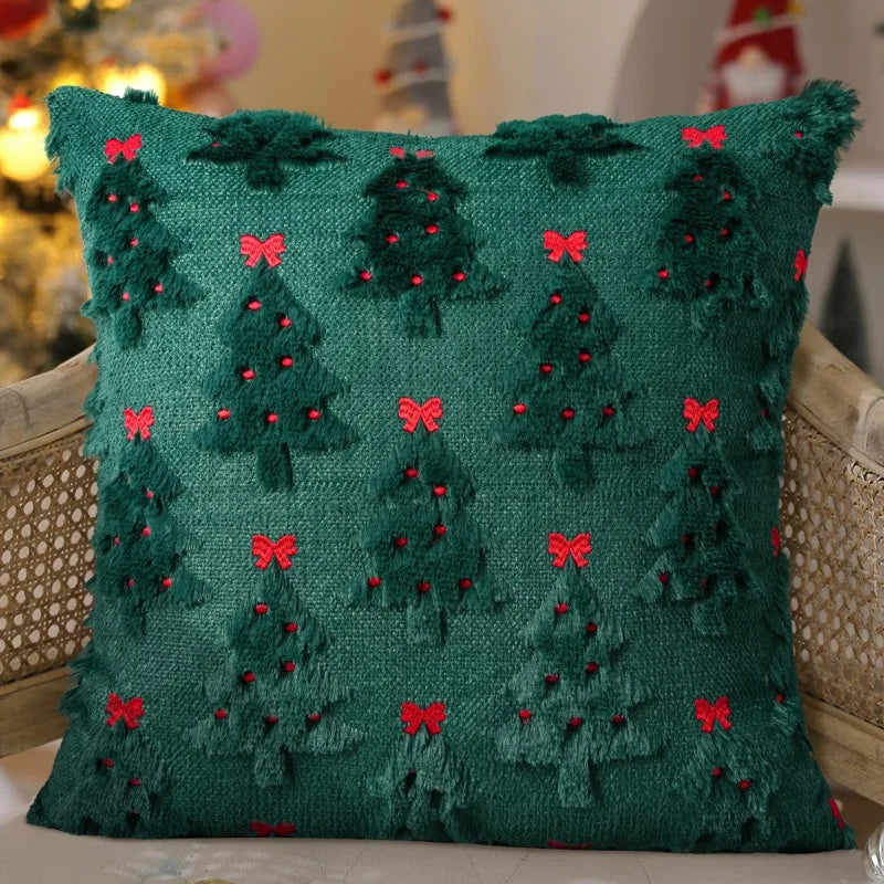 1/2 Stück Weihnachtskissenbezüge mit bestickter Schleife, Polyester-Flanell, Tannenbaumdesign, Sofakissen, festliche Partydekoration, nur Kissenbezug