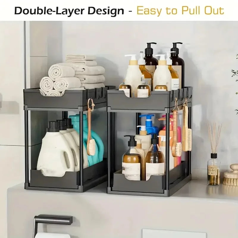 Rangement coulissant à 2 niveaux sous évier, organiseur multifonctionnel à tiroirs pour produits de nettoyage de cuisine et de salle de bain, à poser sur le plan de travail