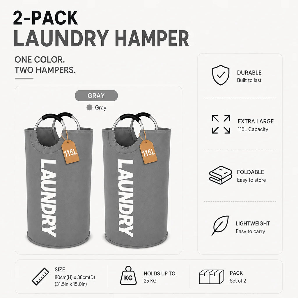 Lot de 2 paniers à linge extra larges de 115 L, paniers pliables avec poignées souples rembourrées, sacs à linge pliables autoportants pour le rangement des vêtements, chambre, salle de bain, dortoir et buanderie