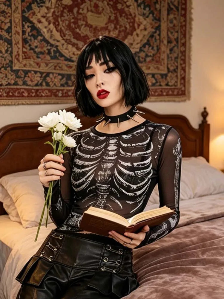 Chemise Dark Gothic Punk Années 2000 Femme Motif Crâne Col Rond Manches Longues Robe de Rue Noire y2k