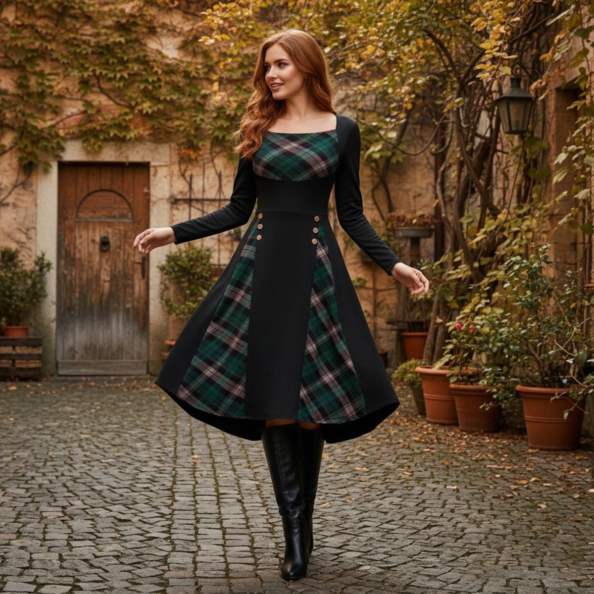 Abito lungo da donna a righe con maniche lunghe