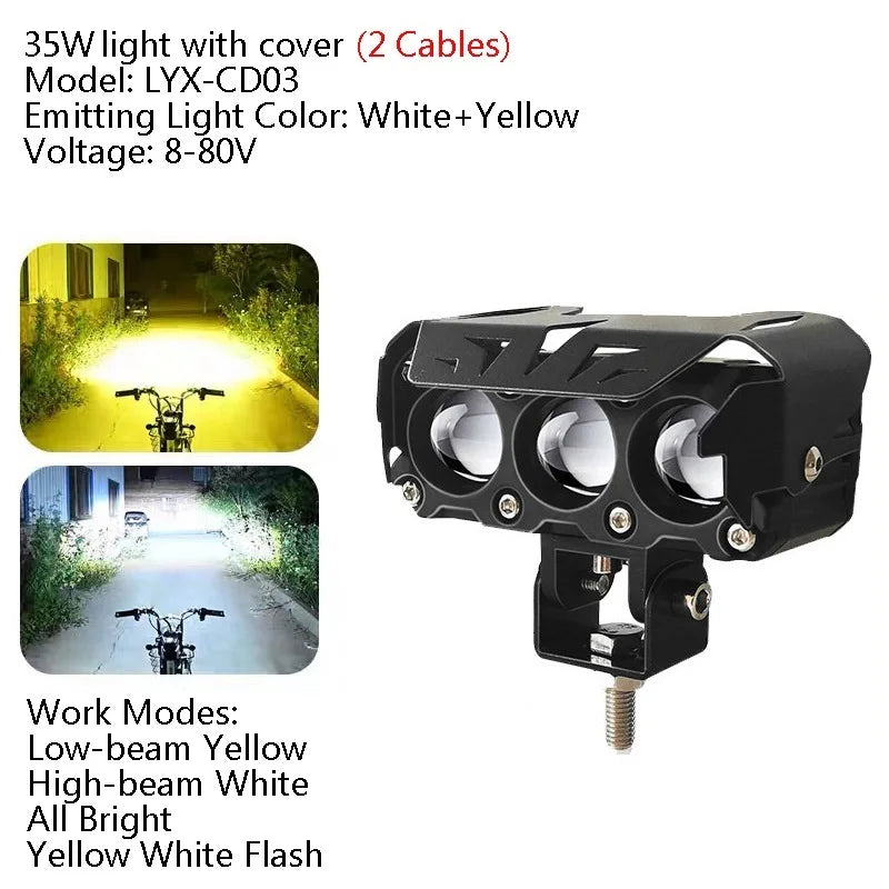 Luz delantera para bicicleta eléctrica, LED blanco y amarillo, lámpara para manillar de ebike con luz larga y corta, faros modificados para vehículos eléctricos