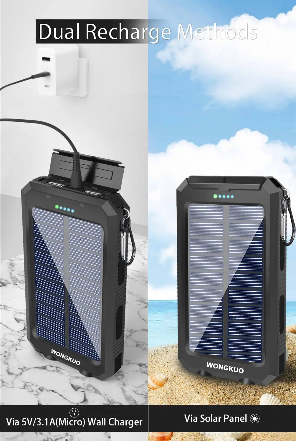 Solar Power Bank, QC3.0 Phone Charger, LED, IP65, Black | Built-in Charging Cables Dual USB Output Ports Emergency Backup Power Carabiner Clip Included Travel-Ready Portable Design