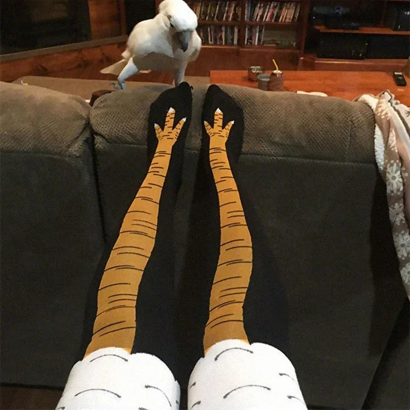 Calcetines de pollo divertidos para hombre, estampado 3D de dibujos animados para cosplay, muy elásticos, hasta el muslo, de algodón, finos y a la moda, con puntera fina.