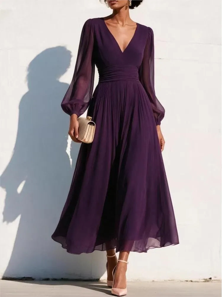 Abito midi da donna a maniche lunghe con scollo a V