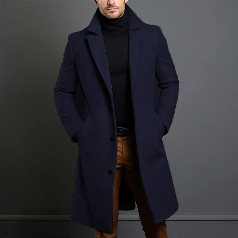 Autumn Winter Long Woolen Trench Coats Men Solid England Style Smart Casual Wool Blends Coat Turn Down Collar Warm Male Clothing
