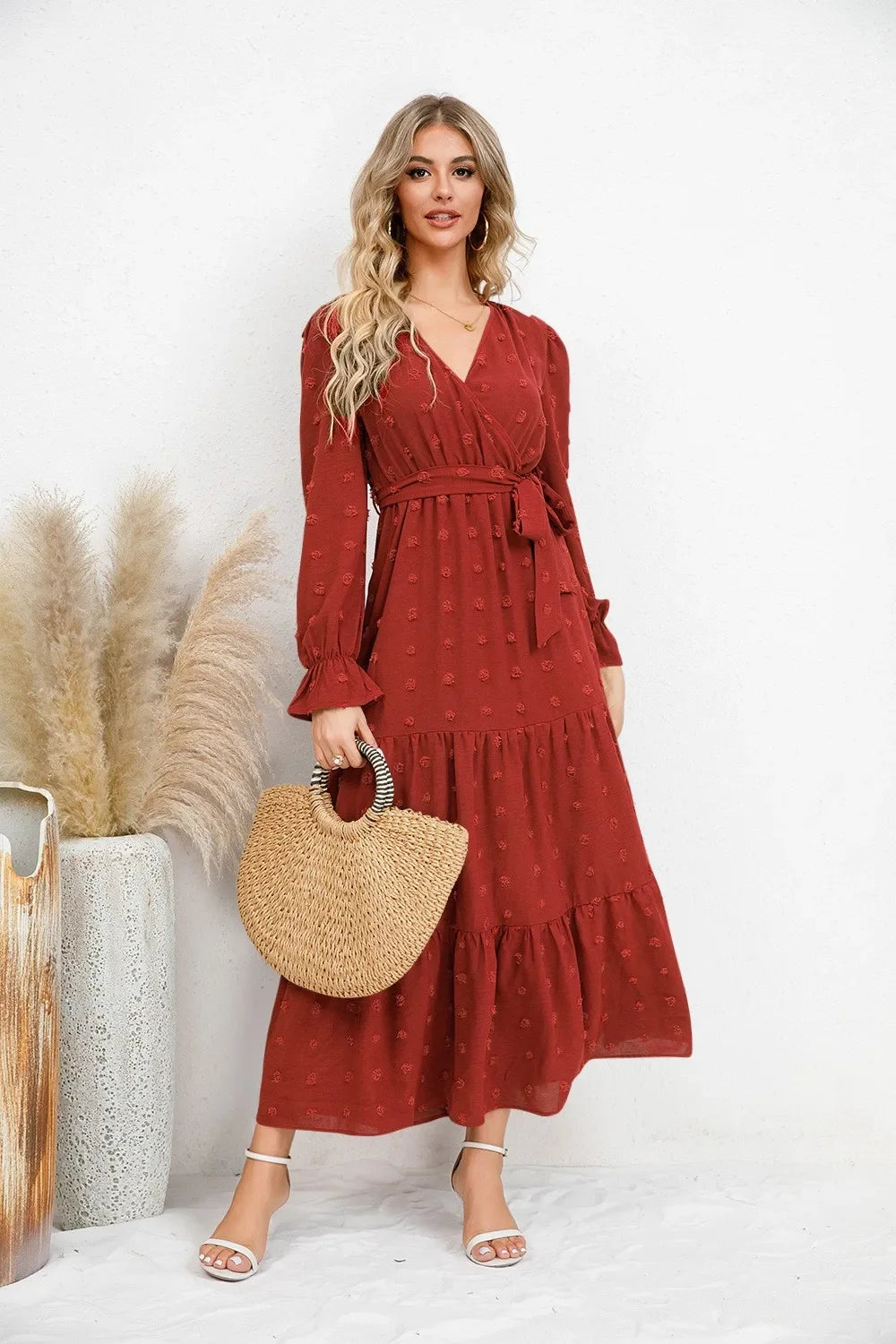 Abito lungo da donna con scollo a V e maniche lunghe