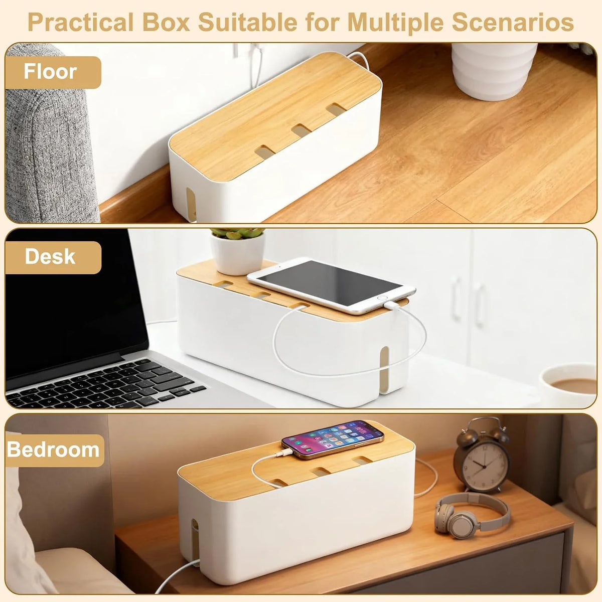 Cable Organizer Box with Bamboo Lid