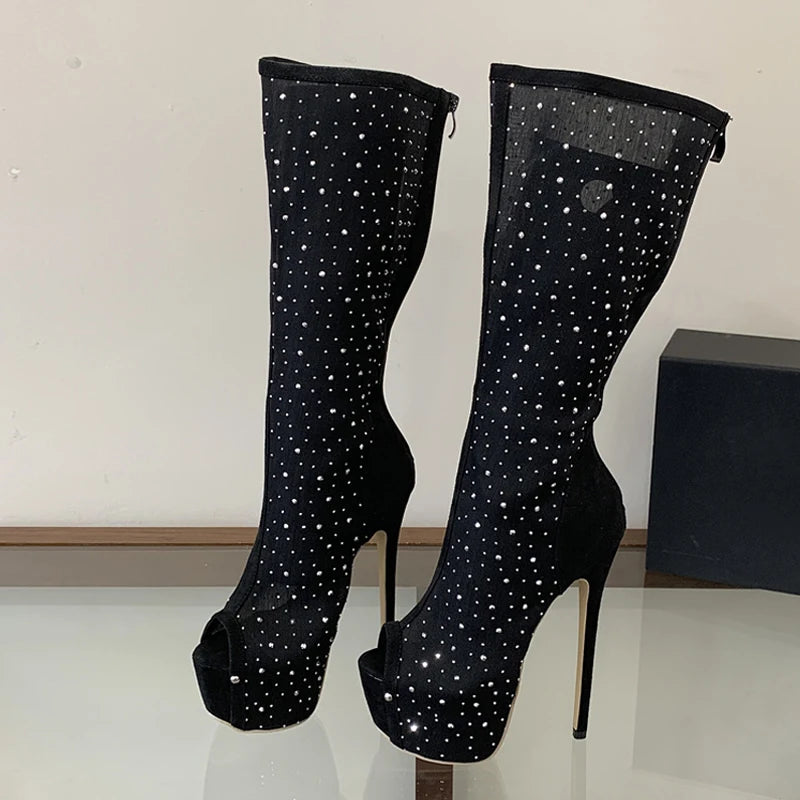 Stivali donna Liyke in rete con strass e plateau